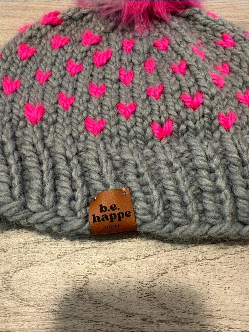 b.e. happe Hand Knit Hot Pink Pom Pom Beanie